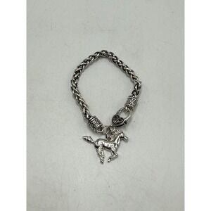 Silver Tone Wheat Chain Horse Charm Bracelet Heart Clasp Equestrian Western 8in